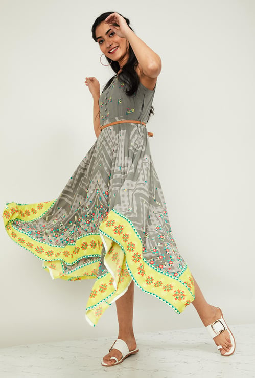 MELANGE Women Floral Print Midi Dress with Mask