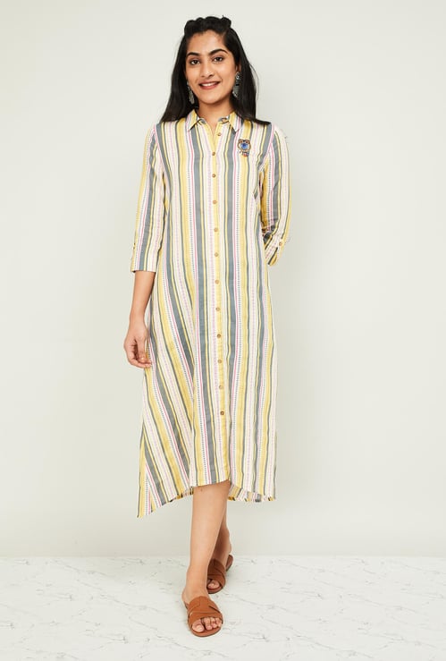 MELANGE Women Striped Three-quarter Sleeved Midi Dress