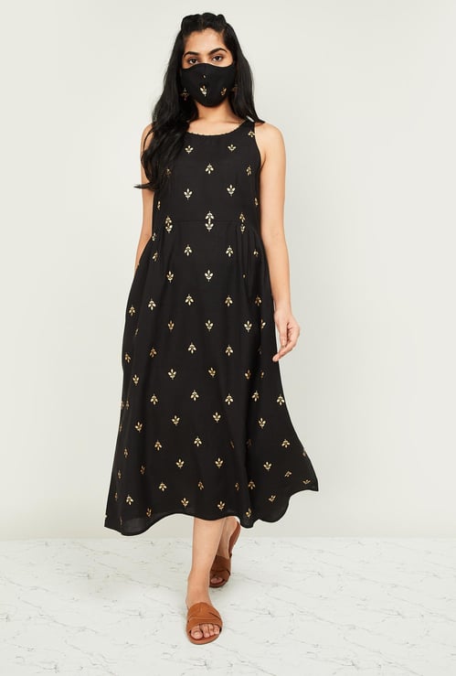 MELANGE Women Printed Sleeveless Midi Dress with Mask