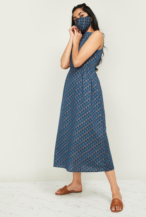 MELANGE Women Geometric Print Sleeveless Midi Dress with Mask