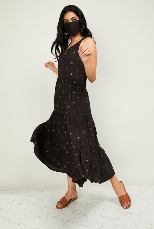 MELANGE Women Foil Print Midi Dress with Mask