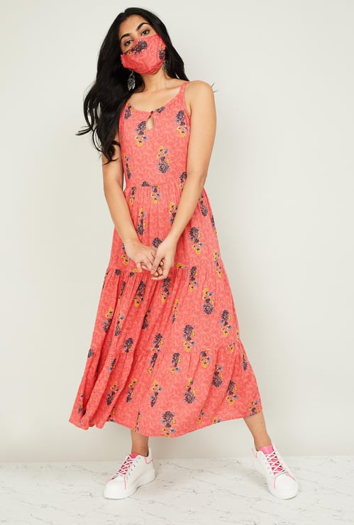 MELANGE Women Floral Print Sleeveless Midi Dress with Mask