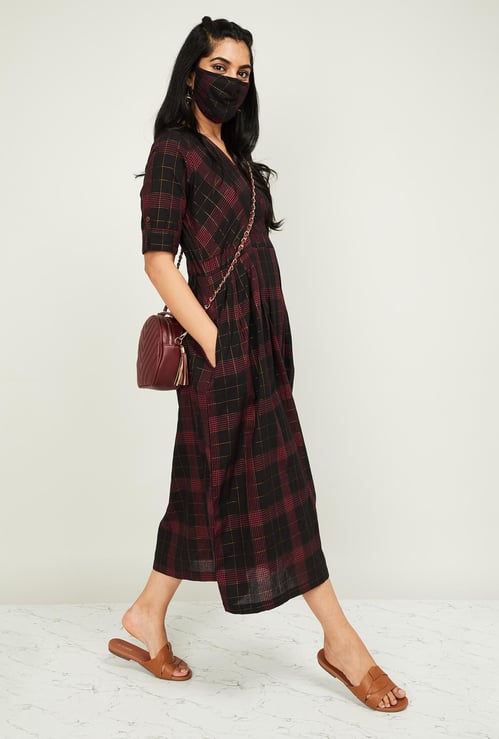 MELANGE Women Checked A-line Midi Dress with Mask