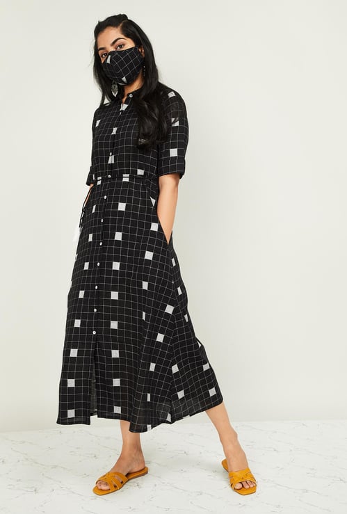 MELANGE Women Checked Short Sleeves Dress with Mask