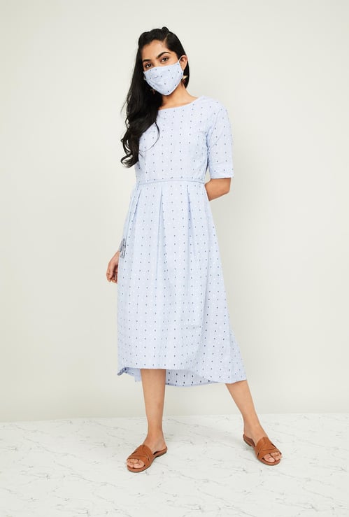 MELANGE Women Dobby Pattern Weave Midi Dress with Mask