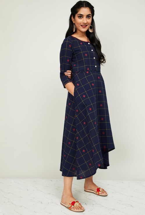 MELANGE Women Checked Three-quarter Sleeves Midi Dress