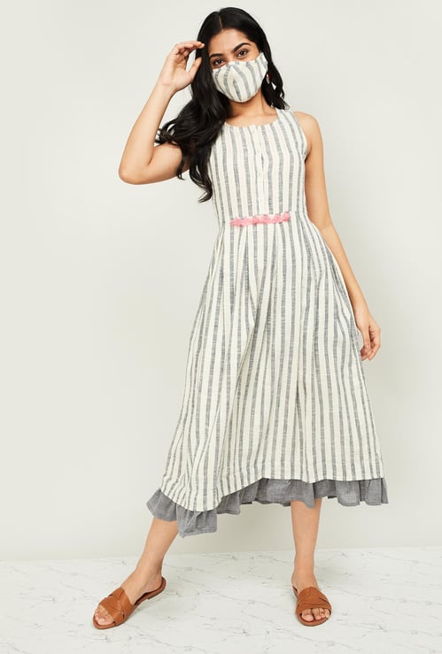 MELANGE Women Striped Sleeveless Midi Dress with Mask