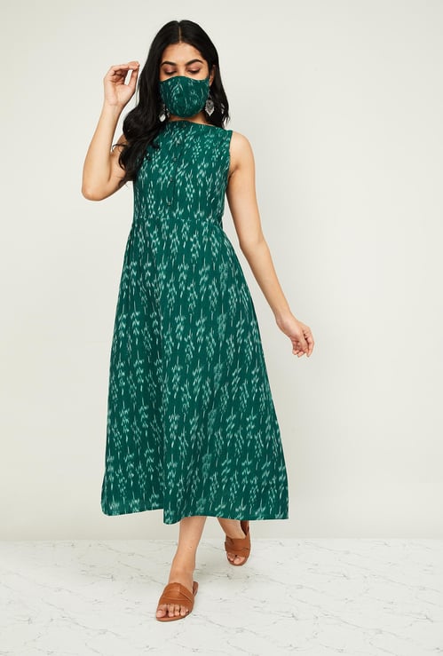 MELANGE Women Printed Sleeveless Midi Dress with Mask