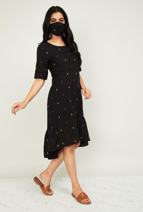 MELANGE Women Embroidered Short Sleeves Dress with Mask