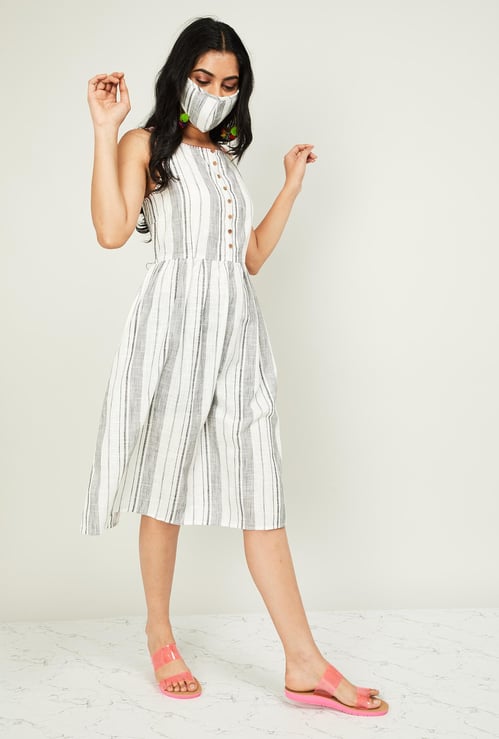 MELANGE Women Striped Sleeveless Midi Dress with Mask