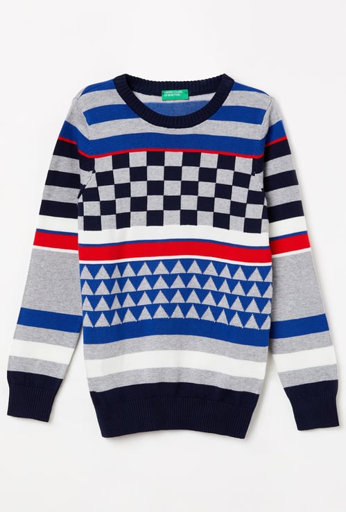 UNITED COLORS OF BENETTON Boys Checked Crew Neck Sweater