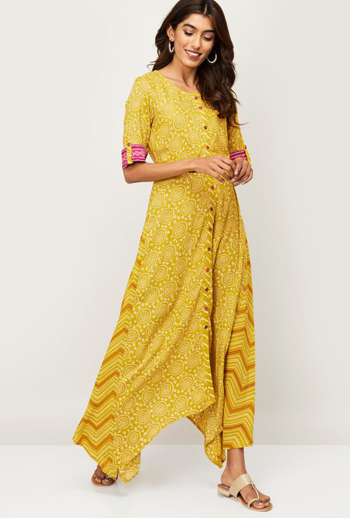 RANGRITI Printed Asymmetric Maxi Dress with Belt