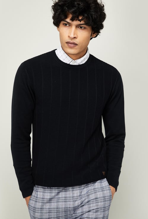 T-BASE Men Textured Full Sleeves Sweater