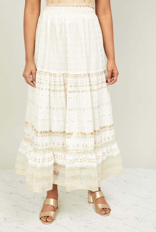 W Women Printed Maxi Skirt with Sheer Panel
