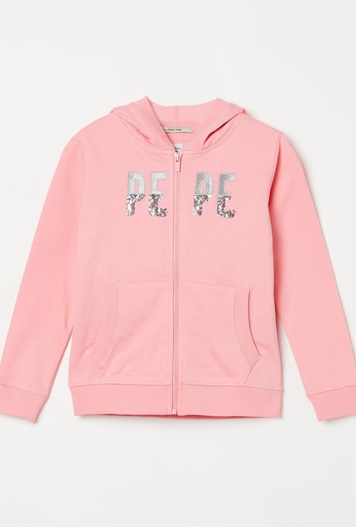 PEPE JEANS Girls Embellished Full Sleeves Hooded Sweatshirt