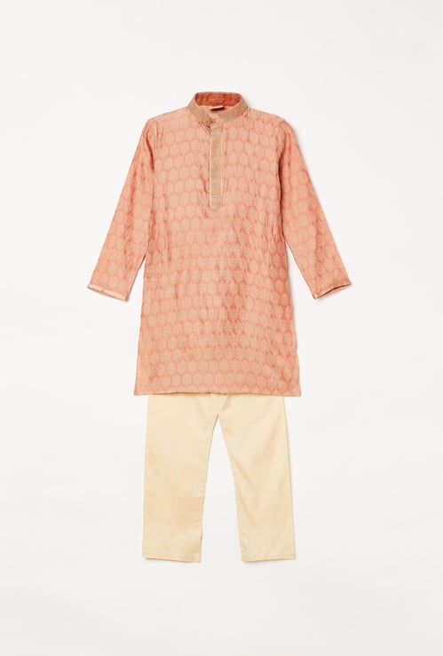 MANYAVAR Boys Jacquard Pattern Kurta with Pyjama
