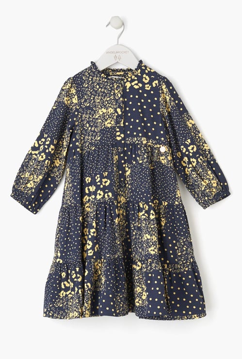 ANGEL & ROCKET Girls Printed Tiered Shift Dress with Button Placket