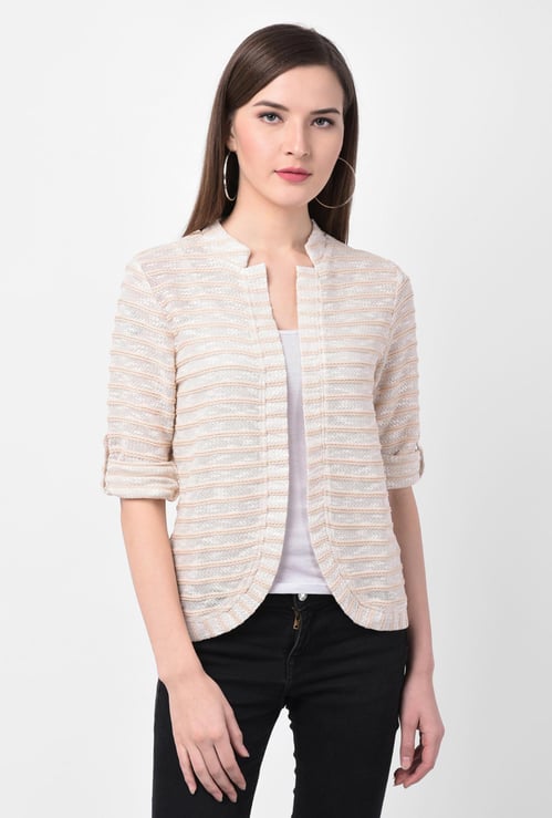 LATIN QUARTERS Women Roll-Up Sleeves Striped Short Shrug