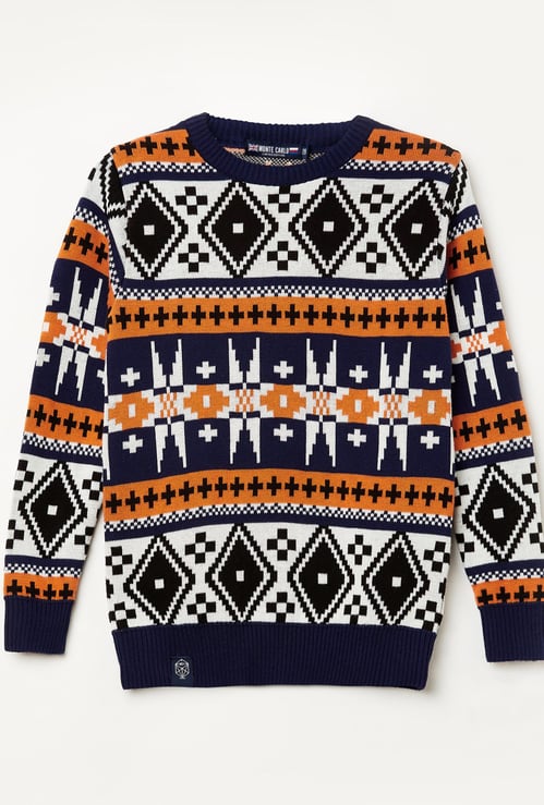 MONTE CARLO Boys Patterned Knit Sweater with Ribbed Hems