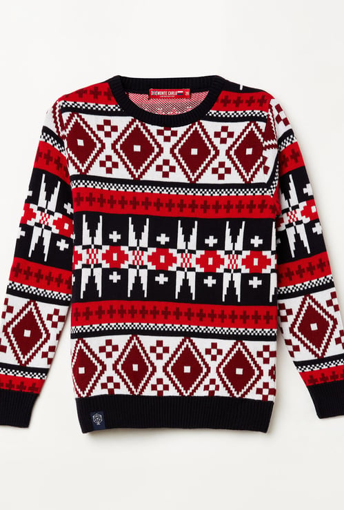 MONTE CARLO Boys Patterned Knit Sweater with Ribbed Hems