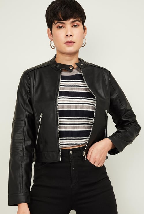 GINGER Women Solid Biker Jacket