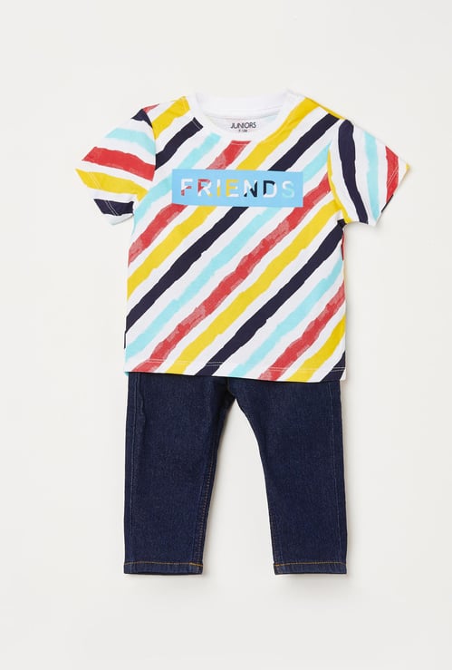 JUNIORS Boys Printed Crew Neck T-shirt with Drawstring Waist Jeans