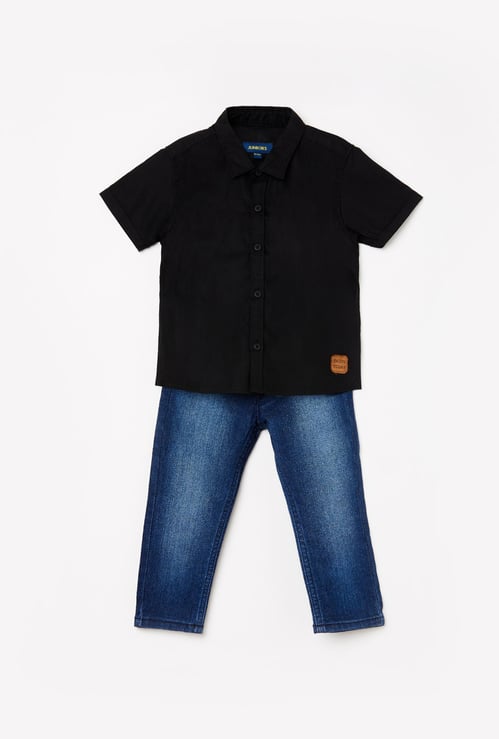 JUNIORS Boys Solid Shirt with Elasticated Jeans