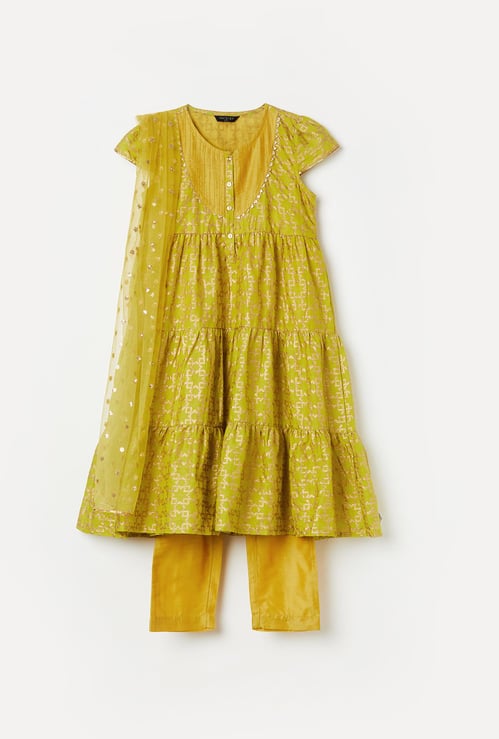 MELANGE Girls Printed A-Line Kurta with Straight Pants and Dupatta