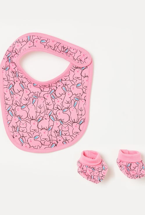 FS MINI KLUB Girls Printed Bib with Booties and Mittens - Set of 3