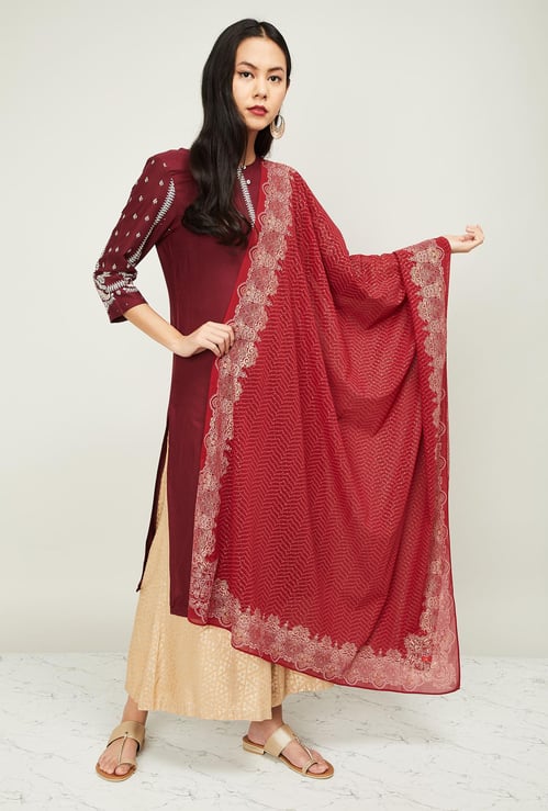 W Women Printed Dupatta with Zari Work
