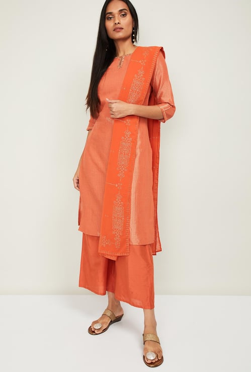 W Women Textured Kurta with Palazzo and Printed Dupatta