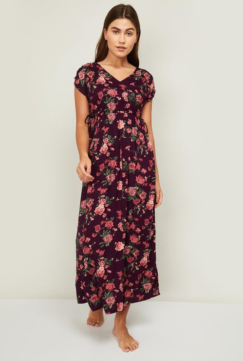 GINGER Women Floral Print Cap Sleeves Night Gown