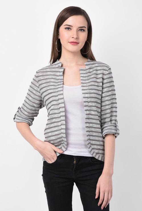 LATIN QUARTERS Women Roll-Up Sleeves Striped Short Shrug