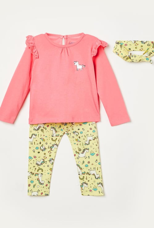 JUNIORS Girls Printed Ruffled Top with Leggings and Headband