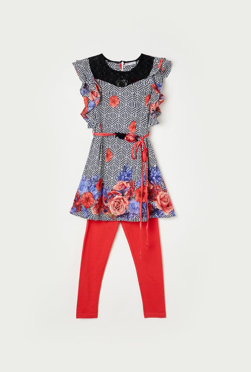 PEPPERMINT Girls Floral Print A-line Tunic with Leggings