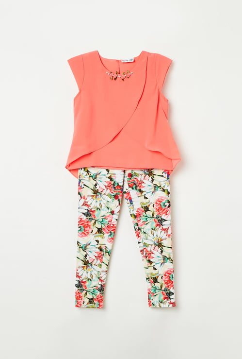 PEPPERMINT Girls Solid Top with Floral Print Leggings