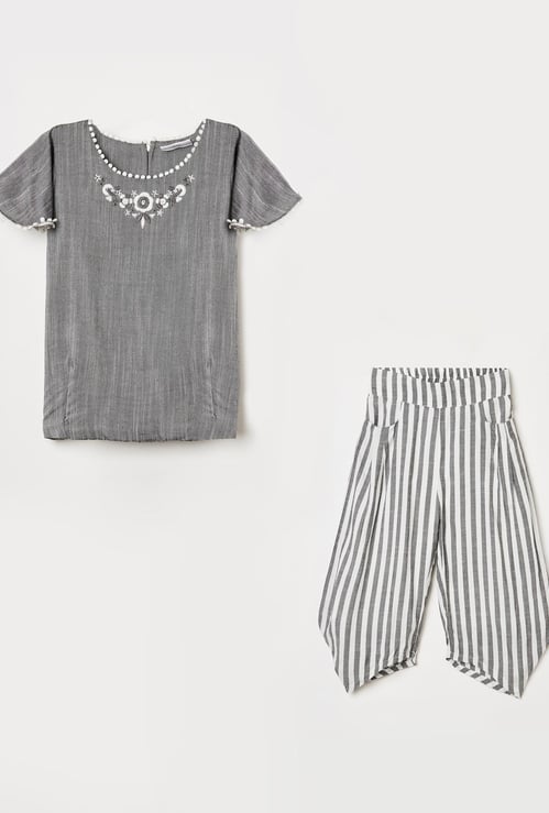 PEPPERMINT Girls Embroidered Top with Striped Trousers