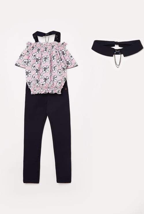 PEPPERMINT Girls Floral Print Cold-Shoulder Top with Jeggings
