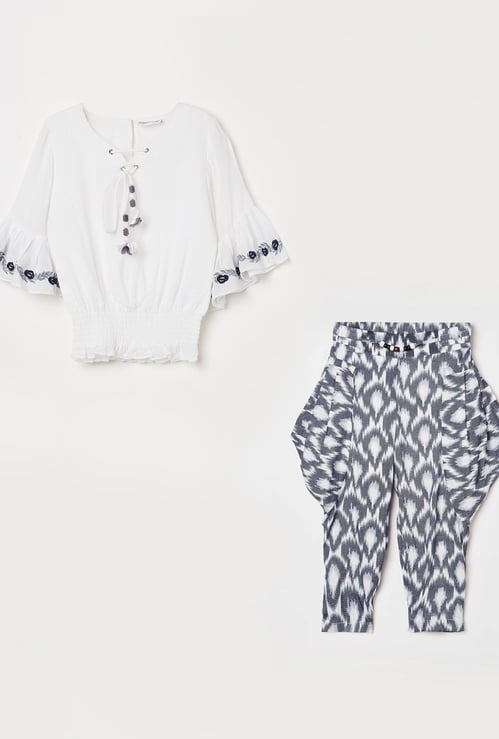 PEPPERMINT Girls Embroidered Blouson Top with Dhoti Pants