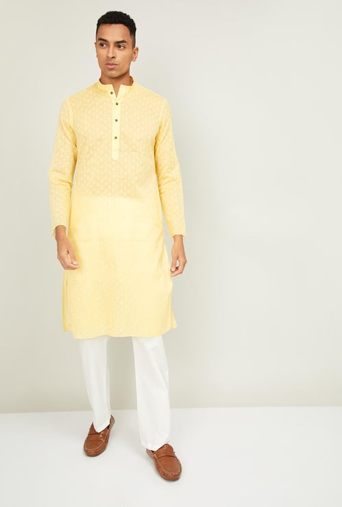 MANYAVAR Men Textured Band Collar Kurta with Churidar