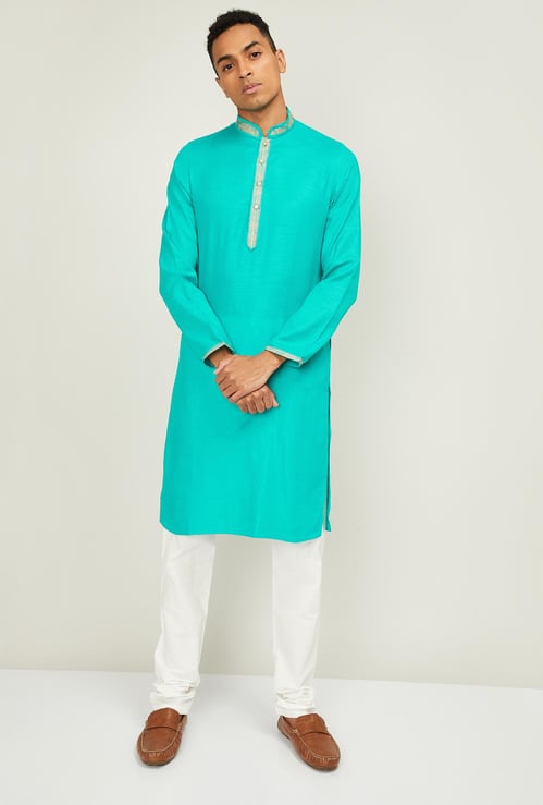 MANYAVAR Men Patterned Band Collar Kurta with Churidar