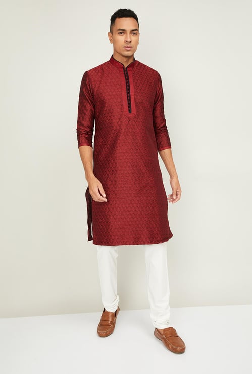 MANYAVAR Men Patterned Band Collar Kurta with Churidar