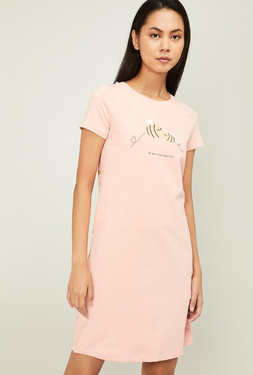 GINGER Women Printed Short Sleeves Night Dress