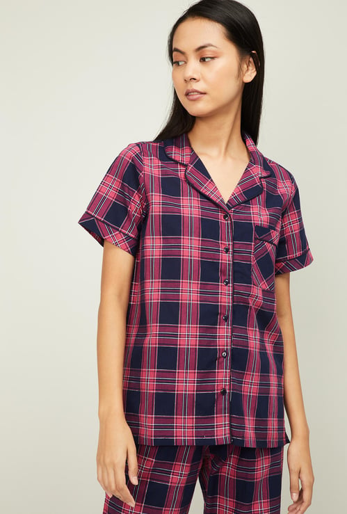 GINGER Women Checked Short Sleeves Nightwear Shirt