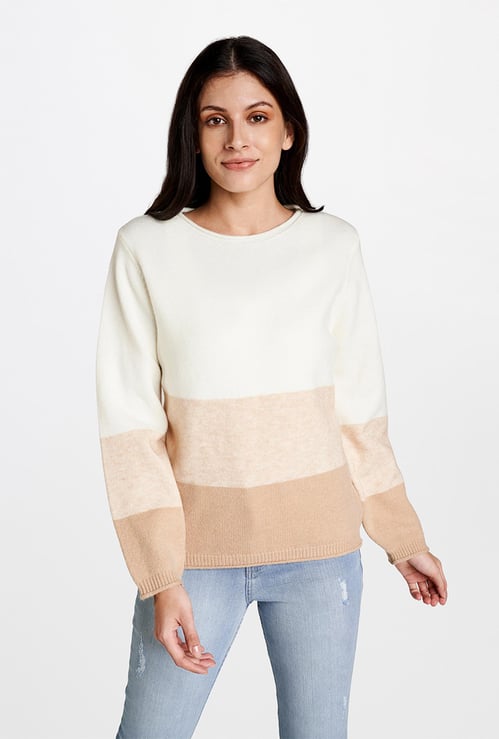 AND Women Colourblocked Full Sleeves Sweater