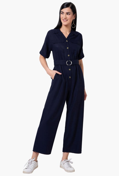 FABALLEY Women Solid Cropped Jumpsuit with Button Placket