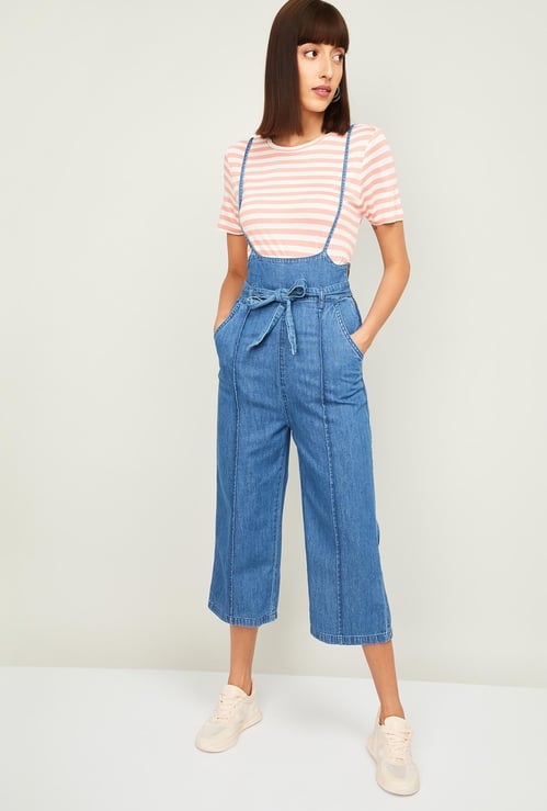 GINGER Women Solid Cropped Denim Dungaree
