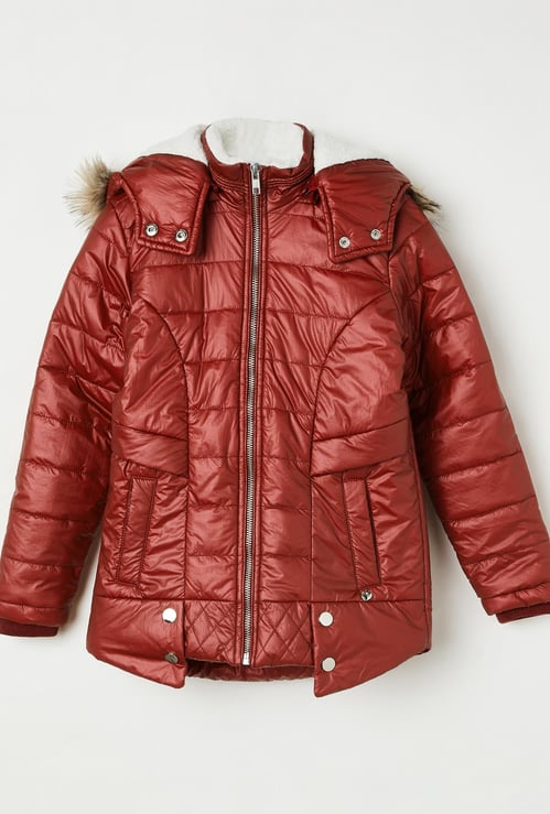 MONTE CARLO Girls Hooded Puffer Jacket with Faux-Fur Trim