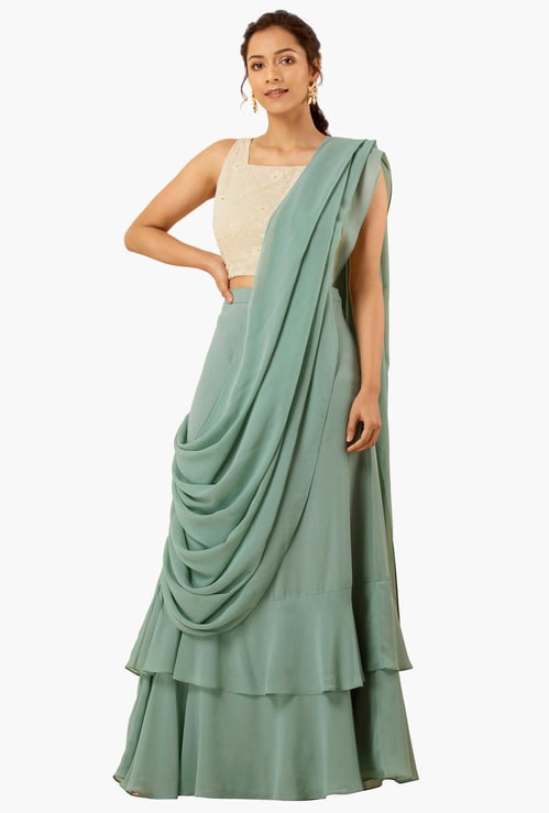 INDYA Women Solid Ruffled Pre-Stitched Saree Skirt