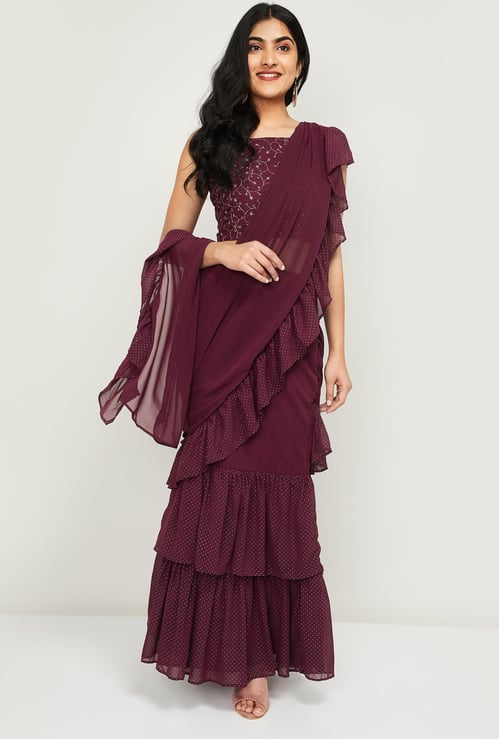 INDYA Women Foil Printed Ruffled Saree Skirt with Attached Dupatta